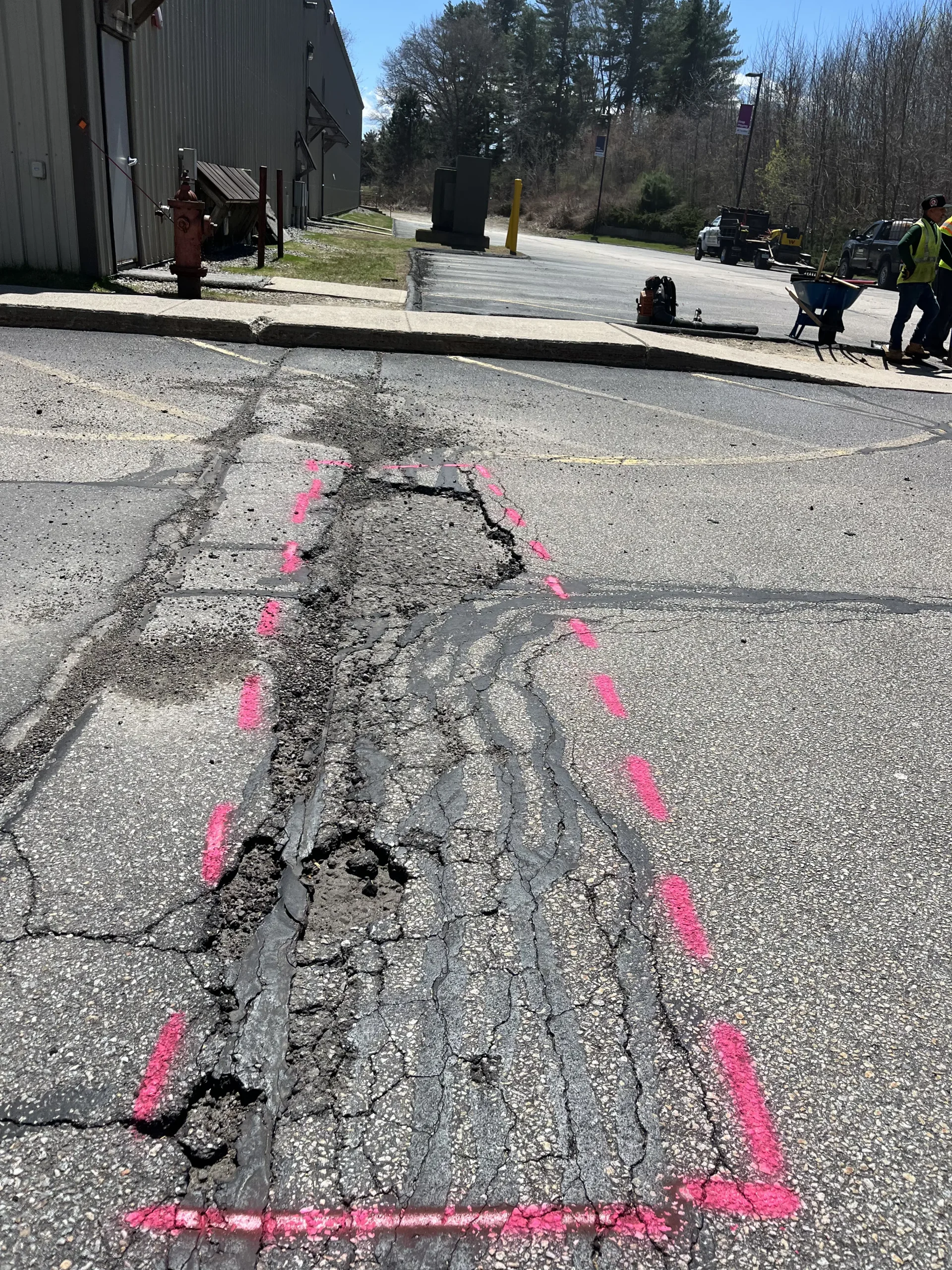Heavily cracked asphalt pavement marked with bright pink spray paint outlining the section designated for repair by Young's Excavating & Paving LLC.